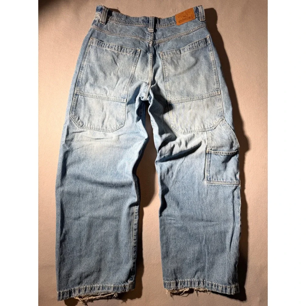 Aeropostale Carpenter Jeans Mens 34/32 Light Blue Baggy Utility Distressed Hem